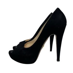Prada‎ Camoscio Chic Peep Toe Black Suede Platform Heels - 7.5 US / 38